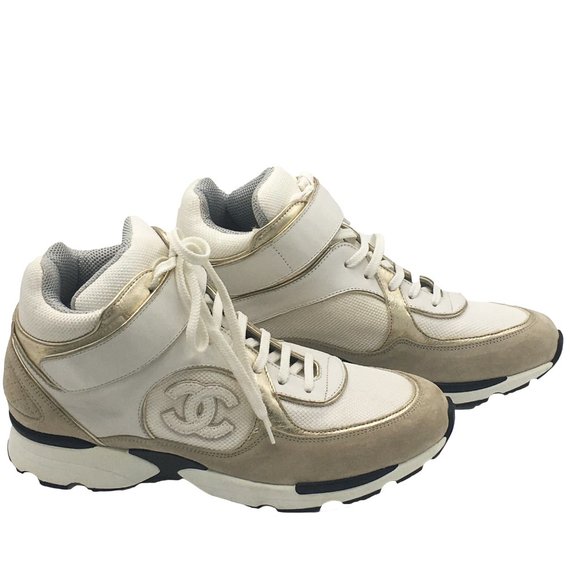 Chanel Beige High-Top CC Sneakers Trainers Suede Calfskin  - Size 10.5 - Picture 6 of 6